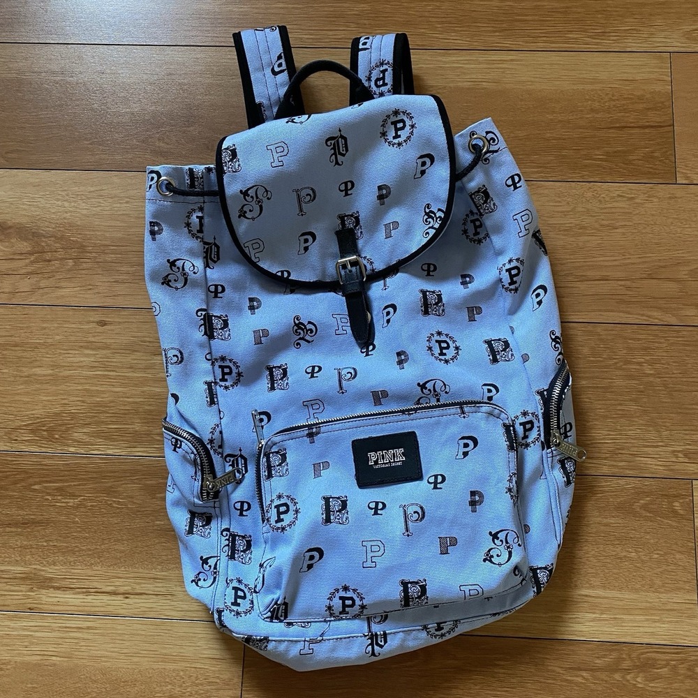 PINK By Victoria's Secret Backpack Canvas Light Blue Logo Vtg
